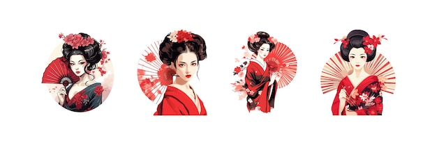 La bella Geisha giapponese tiene il disegno di illustrazione vettoriale del ventaglio rosso