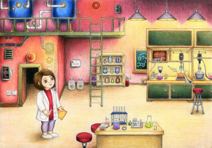 Vettore la bella ragazza sta lavorando nel laboratorio chimico. disegnato a mano.