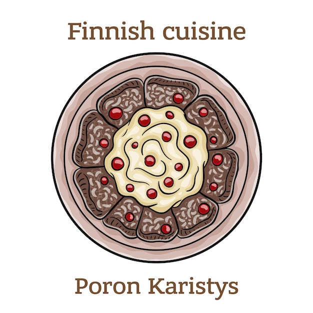 La bistecca di Poronkaristys o il dorso della renna è affettata sottilmente fritta in grasso speziato cotto in crema d'acqua o birra Cibo finlandese Immagine vettoriale isolata