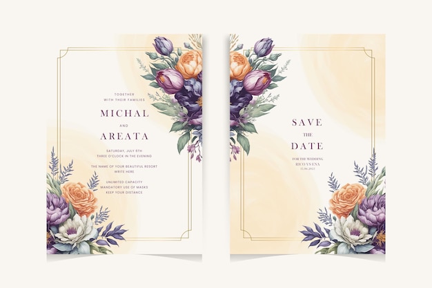 La carta d'invito al matrimonio salva la data con fiori d'oro, foglie e rami.