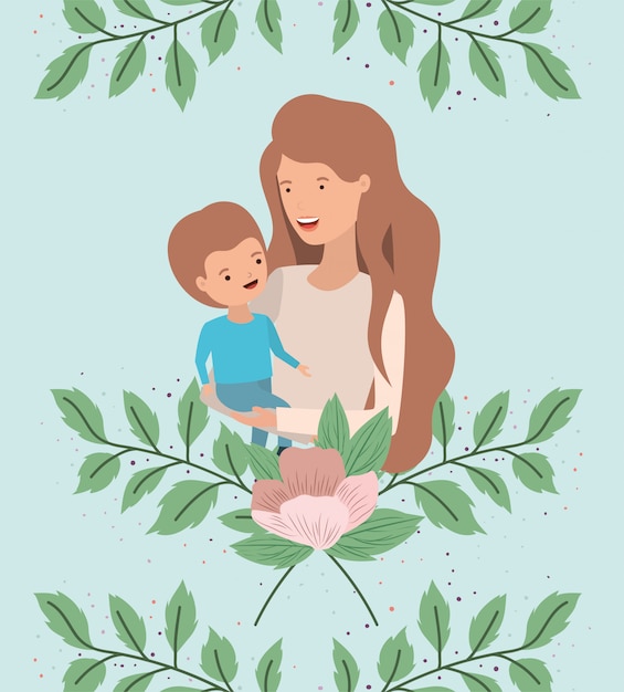 La carta del giorno di madri con la madre e il figlio frondeggia corona