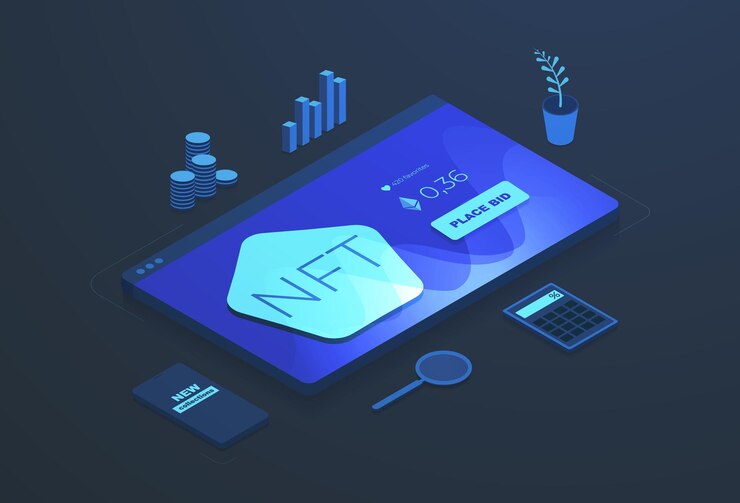 La carta di token non fungibili del mercato NFT con i Mi piace fai un'offerta acquista il pulsante su sfondo scuro