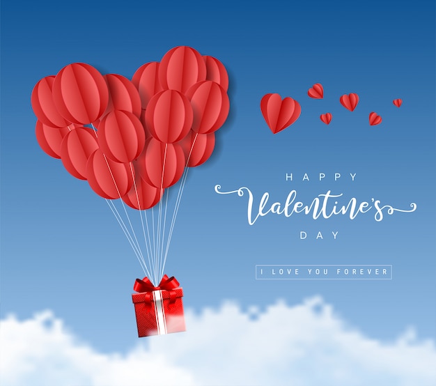 La carta felice di origami di San Valentino Balloons i cuori con il contenitore e le nuvole di regalo sull'illustrazione del cielo blu