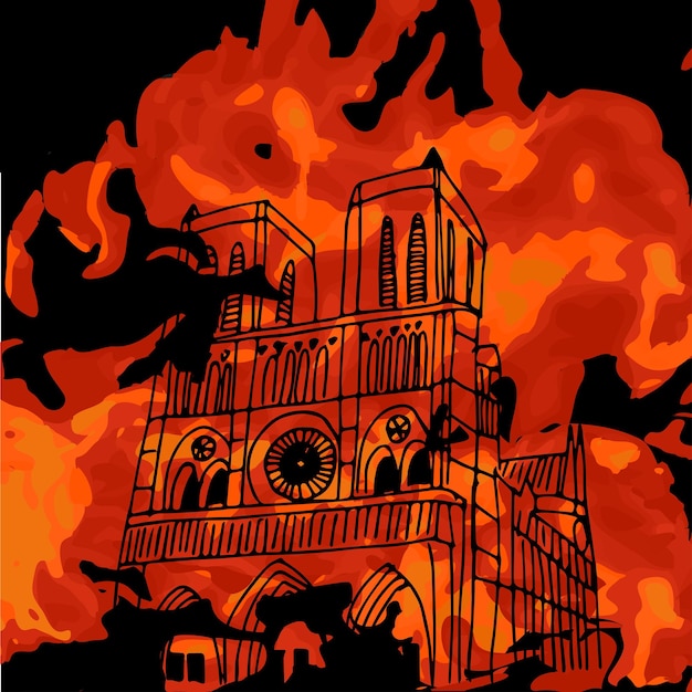 La cattedrale di Notre Dame de Paris in fiamme Cartolina di disegno vettoriale