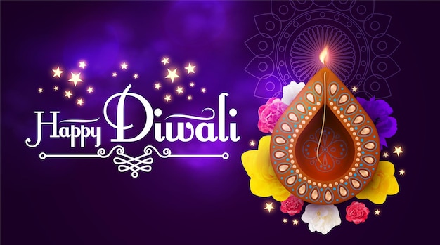La celebrazione di Diwali è decorata con lampade a olio accese, illuminazione Diya, ghirlande e palloncini celesti.