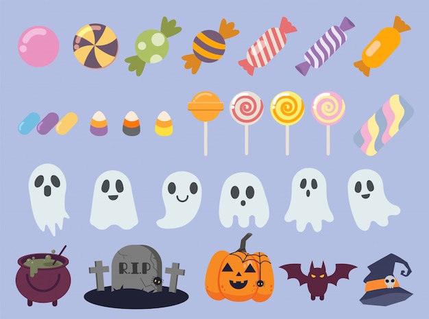 La collezione di caramelle carine alla festa di halloween. La collezione di fantasmi.