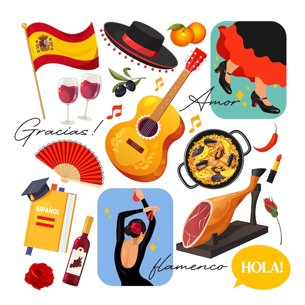 La collezione vettoriale con simboli spagnoli include cibo nazionale, bandiera, ragazze che ballano il flamenco, ecc.