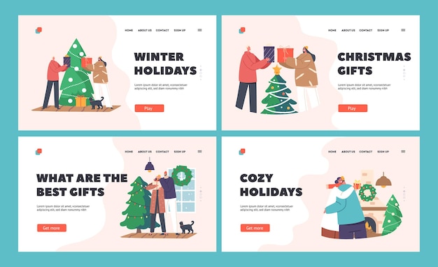 La coppia celebra il modello della pagina di destinazione delle vacanze di Natale imposta i personaggi della famiglia felice che danno regali e abbraccio vicino all'abete