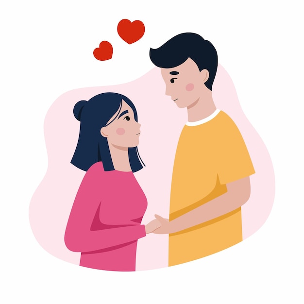 La coppia innamorata si guarda negli occhi Illustrazione con uomo e donna sulla cartolina di San Valentino per il 14 febbraio