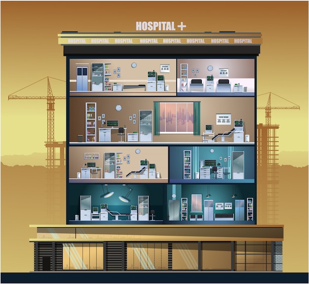 La costruzione dell'ospedale. Chambers, studi medici. .