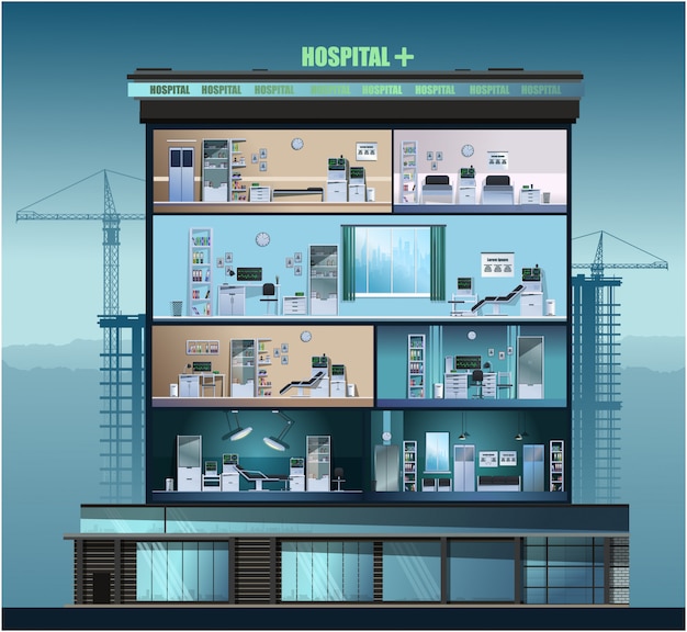 La costruzione dell'ospedale. Chambers, studi medici. .