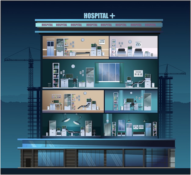 La costruzione dell'ospedale. Chambers, studi medici. .