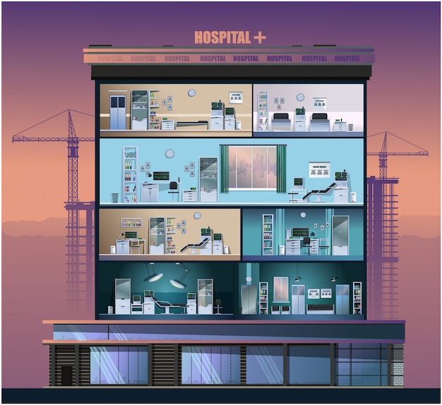 La costruzione dell'ospedale. Chambers, studi medici. .