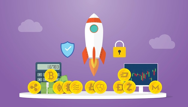 La crescita della criptovaluta si espande con un razzo e un grafico con un appartamento moderno