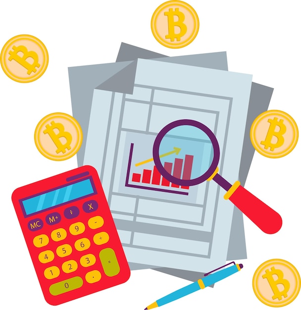 La criptovaluta Bitcoin è un'attività di denaro digitale con badge di monete d'oro. Calcolatrice, documenti, lente d'ingrandimento.