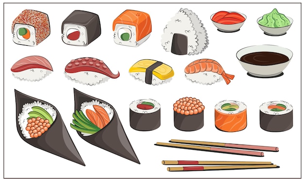 La cucina giapponese ha impostato il cibo per i menu dei ristoranti e i siti di consegna dei poster illustrazione piatta vettoriale isolata su sfondo bianco rotoli di sushi insieme di salsa di soia onigiri immagine stock