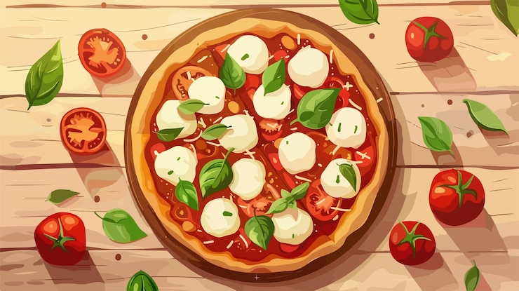 Vettore la deliziosa pizza margherita vista dall'alto con ingredienti freschi
