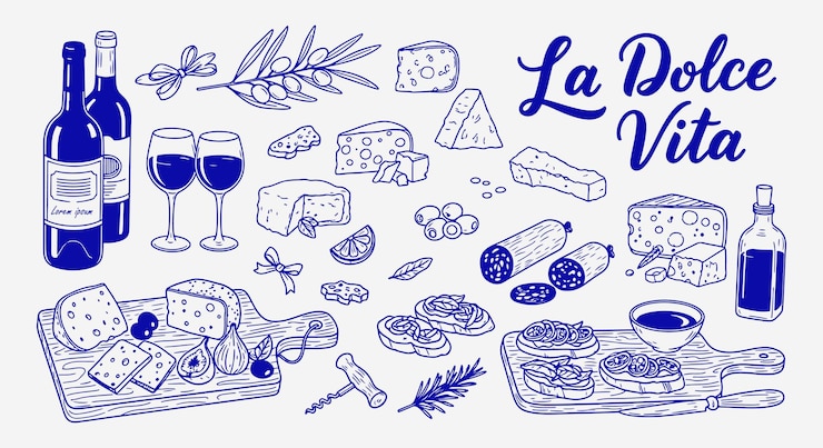 Vettore la dolce vita picnic set hand drawn minimalist art girly summer outdoor party la dolce vita art