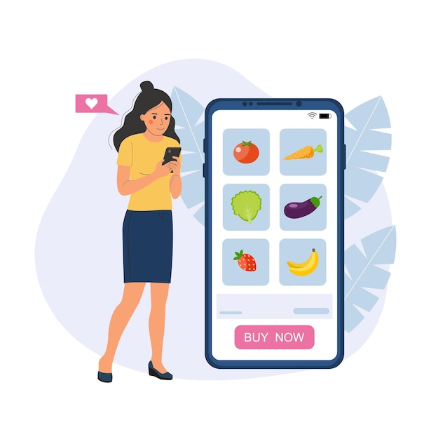 La donna acquista prodotti biologici tramite smartphone Illustrazione vettoriale