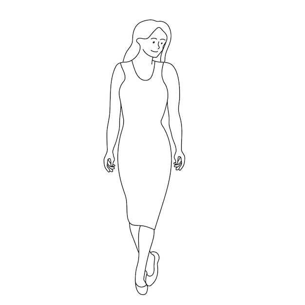 La donna carina in abito sta camminando con la testa a mezzo giro Disegnata a mano la linea arte di una femmina Ragazza in una passeggiata