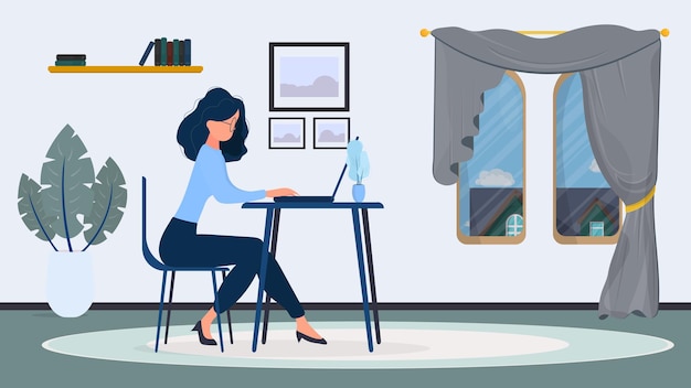 La donna con gli occhiali si siede a un tavolo nell'illustrazione dell'ufficio