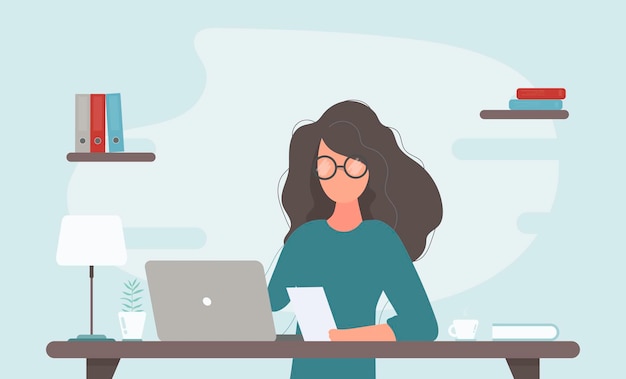 La donna d'affari alla scrivania sta lavorando al computer portatile. Illustrazione vettoriale in stile piatto