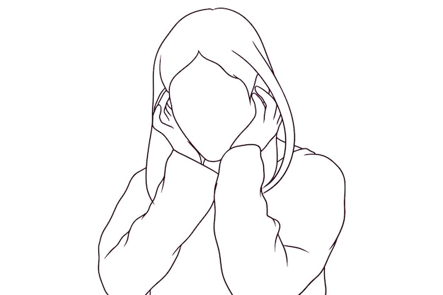 La donna depressa tiene l'illustrazione di vettore di stile disegnato a mano della testa