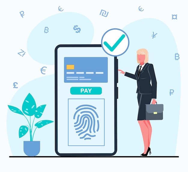 La donna di affari effettua il pagamento sicuro dal telefono con la carta e l'impronta digitale