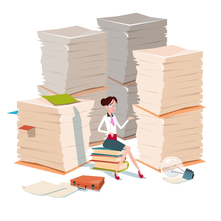 Vettore la donna di affari si siede sui libri ha impilato la carta