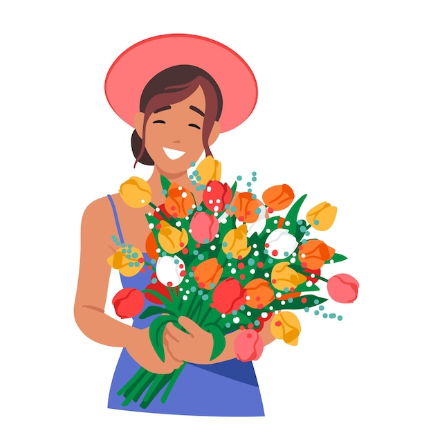 La donna felice tiene i fiori estivi nelle sue mani Il personaggio femminile indossa un abito blu e un grande sorriso sul viso