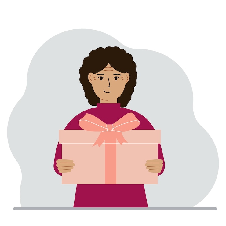 Vettore la donna felice tiene una grande confezione regalo con un fiocco nelle sue mani vettore