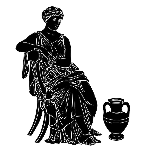 La donna greca antica si siede su una sedia vicino a una brocca di vino. Siluetta nera isolata su priorità bassa bianca.