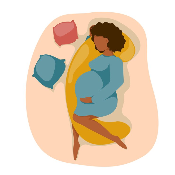 La donna incinta con la pancia grande dorme sul cuscino di gravidanza Concetto di sonno sano della futura madre