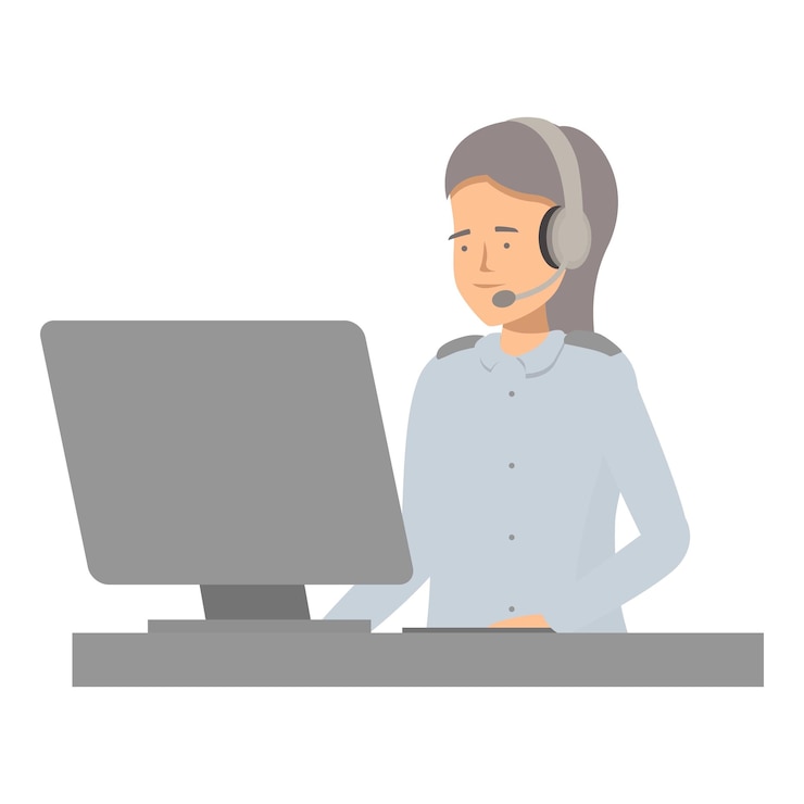 Vettore la donna indossa un auricolare e lavora al computer