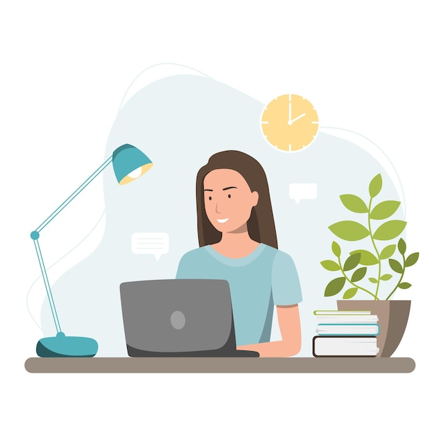 La donna lavora a un laptop e decide le attività di lavoro alla scrivania con la pianta della lampada e i libri di lavoro a distanza