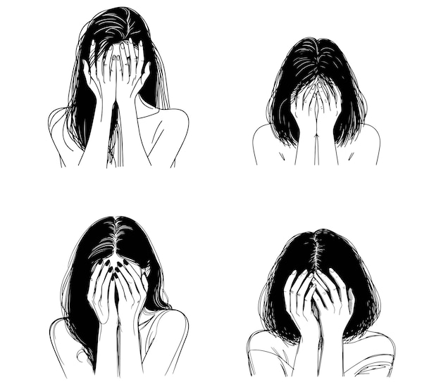 La donna si copre il viso con le mani e si vergogna con i capelli neri.