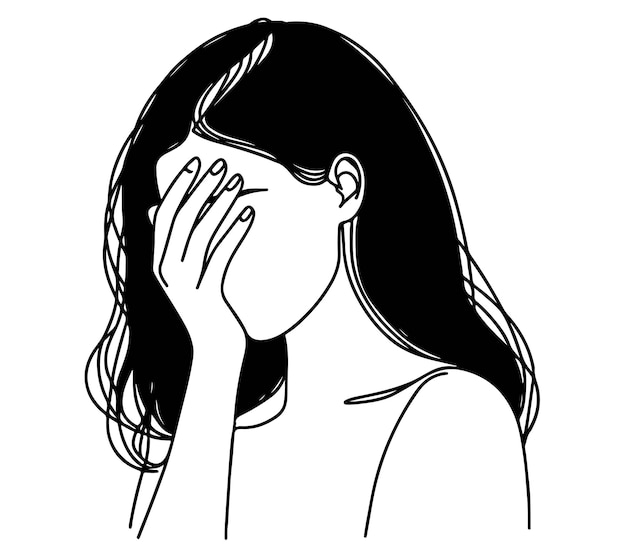 La donna si copre il viso con le mani e si vergogna con lo schizzo dei capelli neri