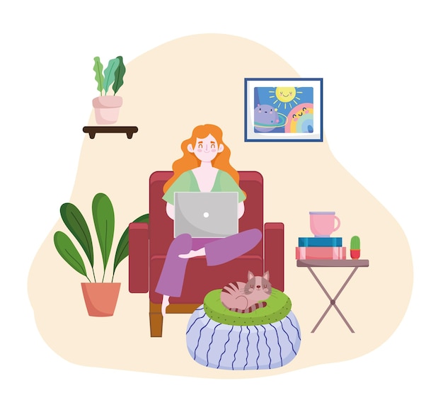 La donna sta facendo i compiti sul computer portatile seduto sedia home office home office illustrazione