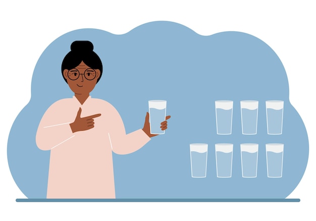 La donna tiene in mano un bicchiere d'acqua Infografica sul bilancio idrico 8 bicchieri d'acqua ogni giorno Stile di vita sano