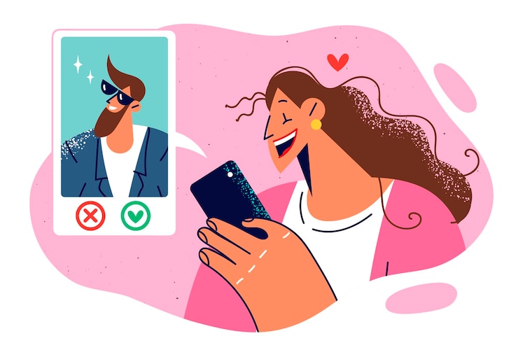 Vettore la donna usa l'app di appuntamenti sul telefono e si innamora vedendo il profilo di un ragazzo che cerca la fidanzata