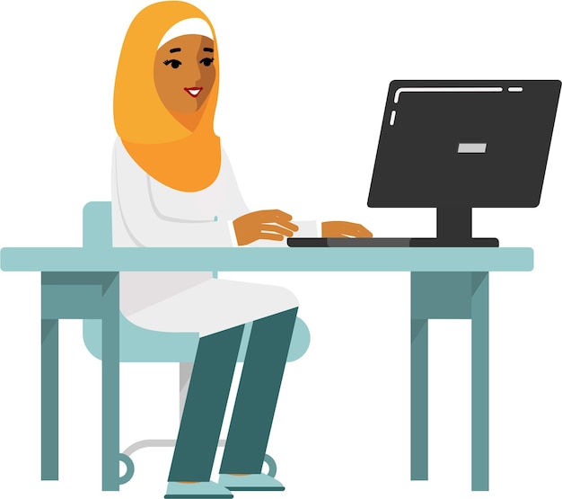 La dottoressa musulmana siede alla scrivania e lavora online