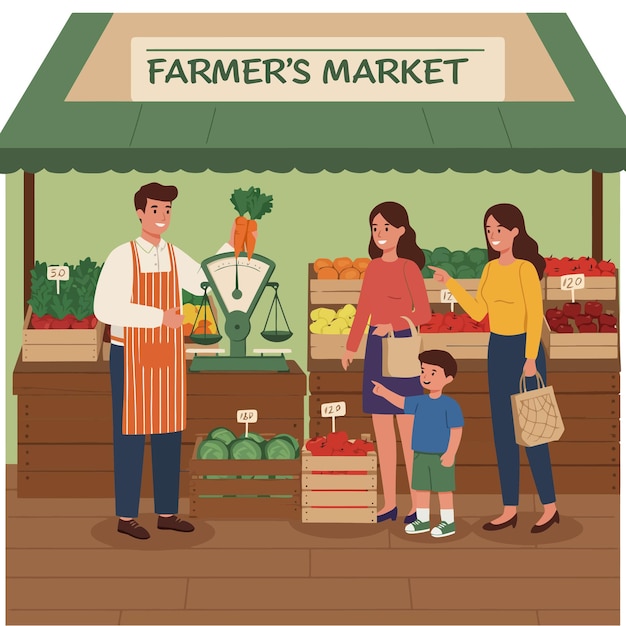 La famiglia compra prodotti freschi al mercato locale degli agricoltori