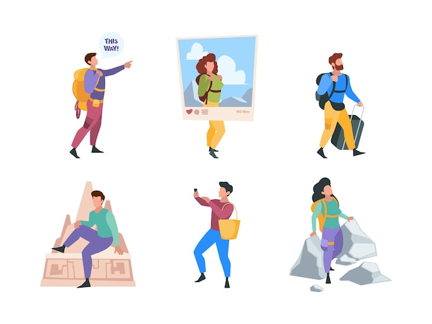 La famiglia dei viaggiatori unisce personaggi felici che vanno in vacanza turisti all'aperto con zaini sgargianti illustrazioni vettoriali piatte colorate