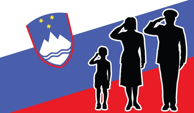 La famiglia del soldato della Slovenia saluta lo sfondo del patriota