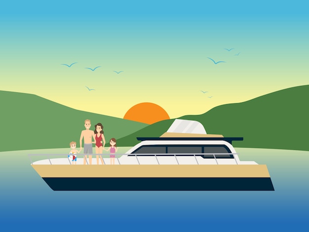 La famiglia felice va in yacht in vacanza.