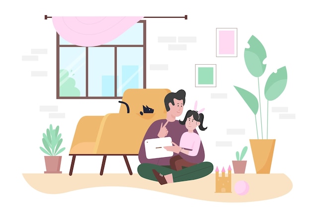 La famiglia gioca a giochi online insieme a casa padre e figlia seduti sul pavimento