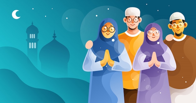 La famiglia musulmana celebra Happy Eid Mubarak
