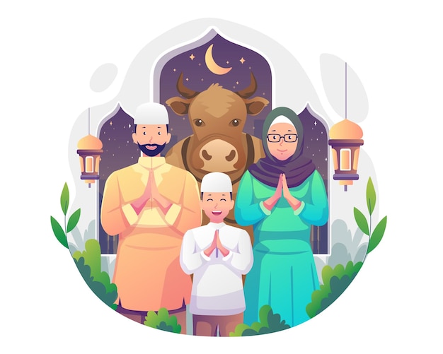 La famiglia musulmana celebra l'Eid al Adha con l'illustrazione dello sfondo della Moschea della Mucca e della Lanterna