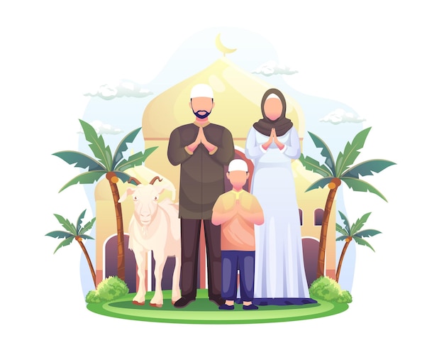 La famiglia musulmana felice celebra l'illustrazione di Eid Al Adha Mubarak
