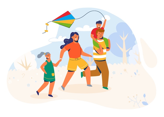 La famiglia nel parco lancia il kite. Genitori e bambini personaggi che corrono all'aperto, giocando con il giocattolo del vento nel fine settimana, vacanza, vacanza.